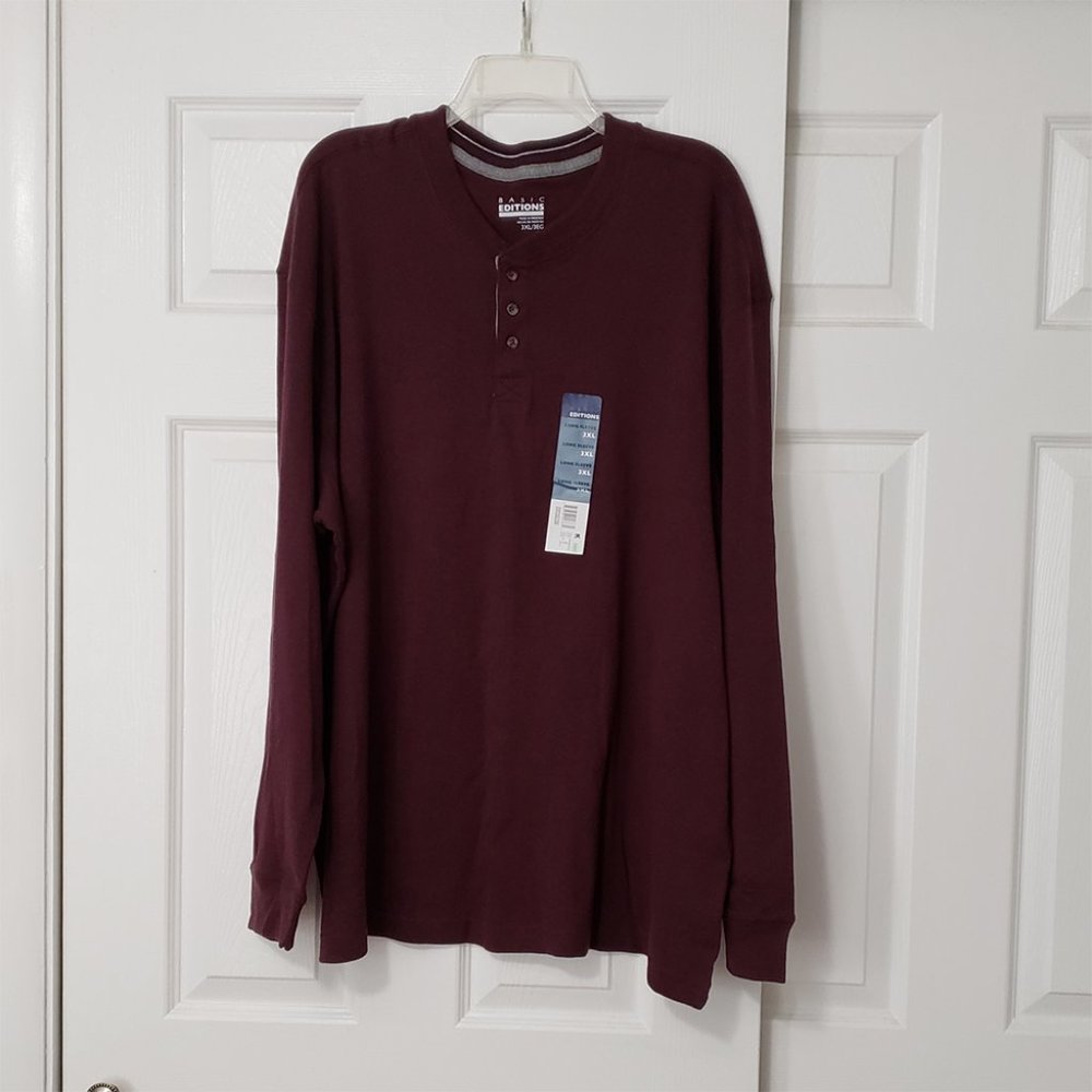 Big Men's Basic Editions 3XL Long Sleeve Burgundy 3 Button Knit Sweatshirt